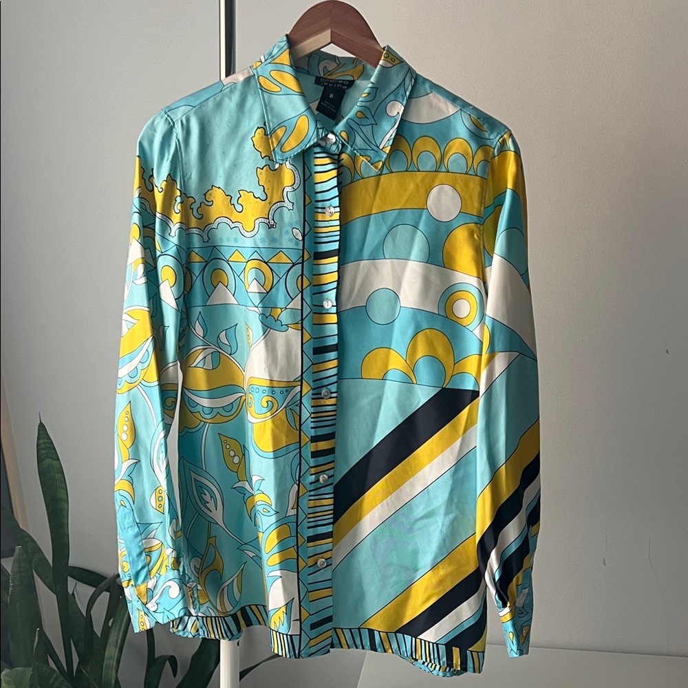 Andrea Jovine Silk Shirt with Blue and Yellow Design 8